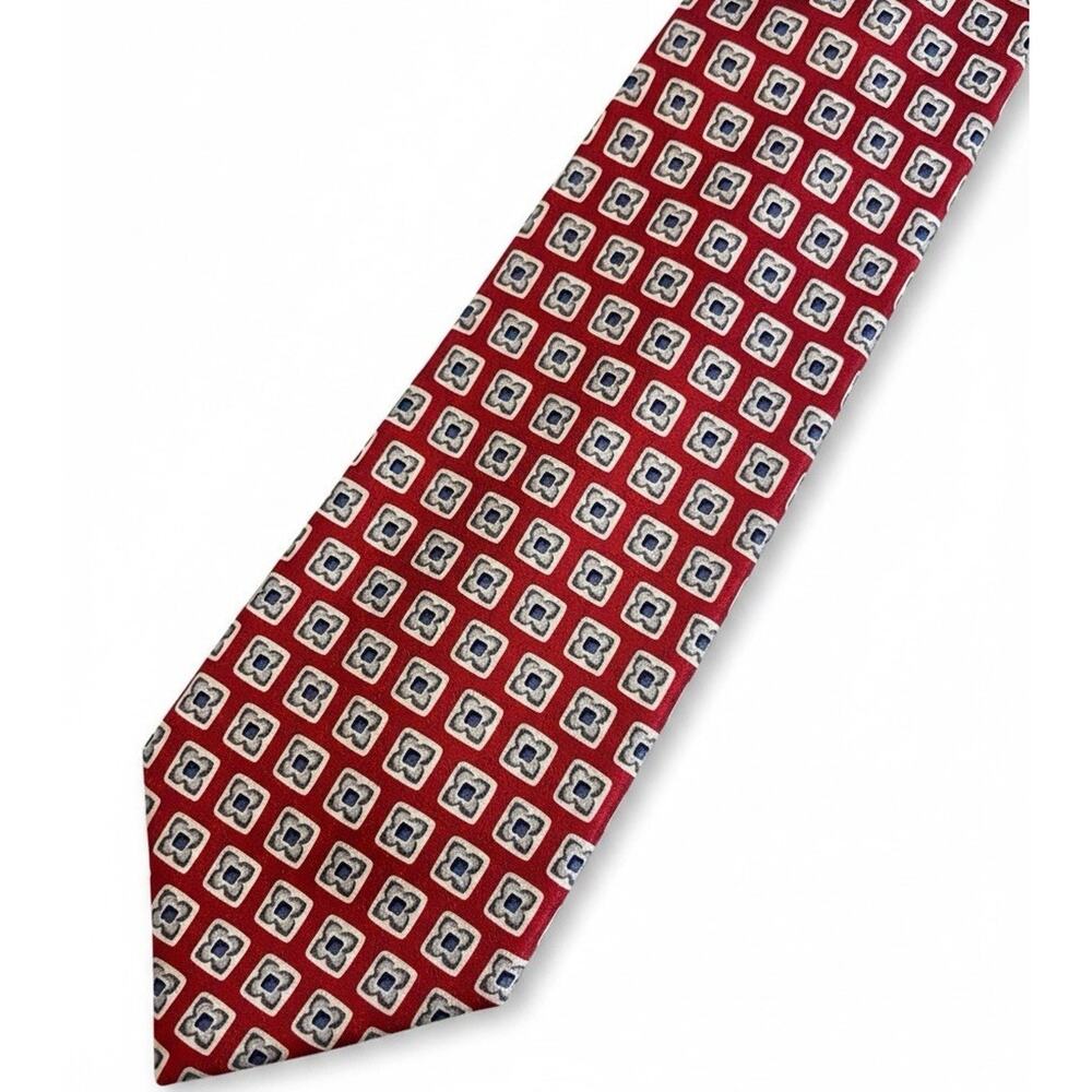 Red Silk Tie Geometric Pattern Designer medallion Check motif Roundtree & Yorke